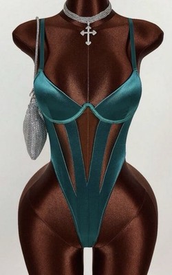 Vtg Styl Glossy Dark Green Satin Cut Out Front Teddy Bodysuit Lingerie L NEW