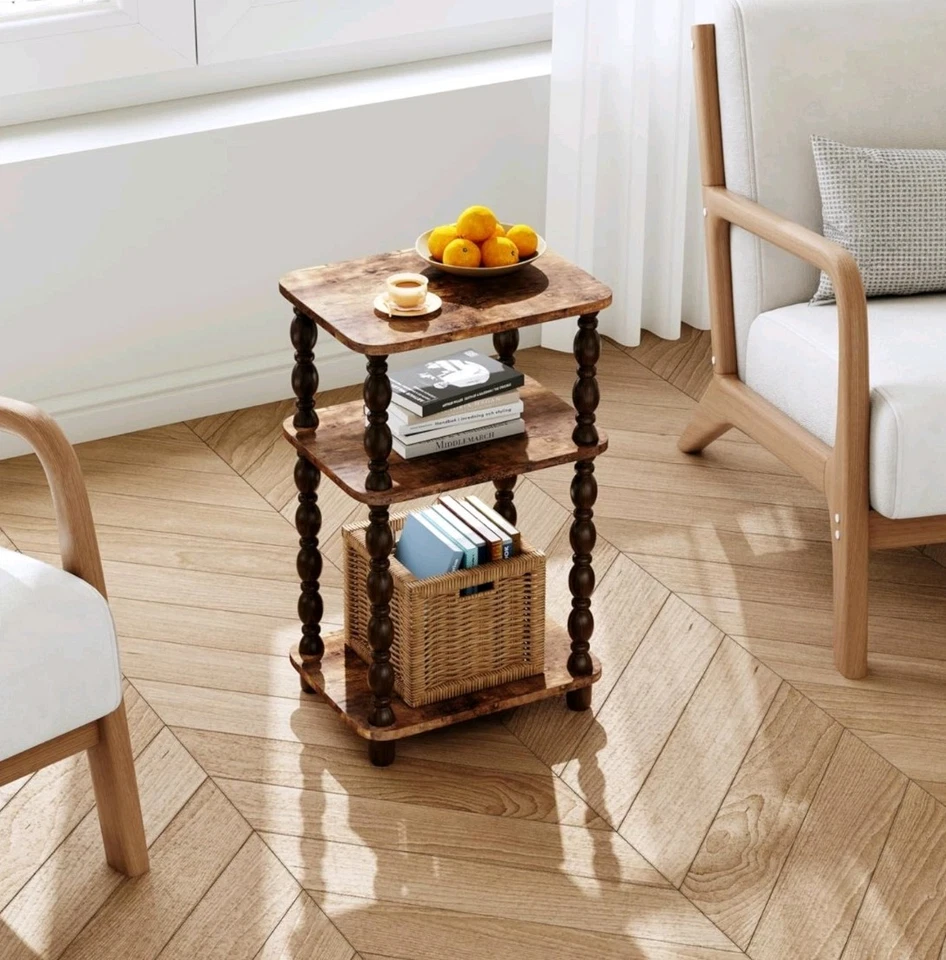 Retro End Table, 3-Tier Small Side Table, Narrow Couch Side Table Brown - Image 3 of 4