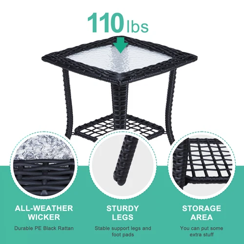 Outdoor Wicker Side Table Rattan End Table with Glass Top for Patio Black - Picture 9 of 12
