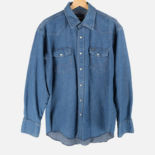 VTG Wrangler Denim Western Shirt Mens Long Sleeve Blue Pearl Snap Size L READ 