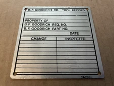 Vintage B.F. GOODRICH Tire Co Aluminum Metal Sign Tag TOOL RECORD Akron OH #3