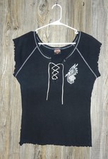 Vintage Harley Davidson Women’s Lace-Up Shirt 2X Made in USA Black White Dragon