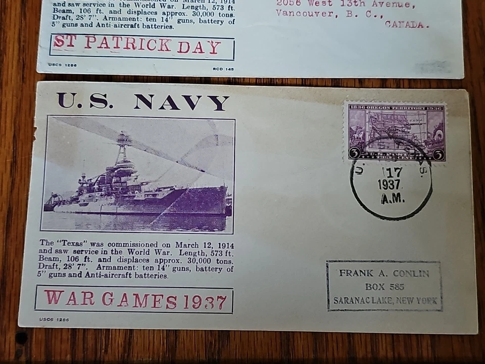 2 1937 USS TEXAS BB-35 NAVAL POSTAL COVERS War Games 1937 & St. Patrick's Day - Image 3 of 4