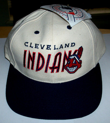 VINTAGE CLEVELAND INDIANS CHIEF WAHOO, WHITE/BLACK, ADJUSTABLE STRAP BACK HAT