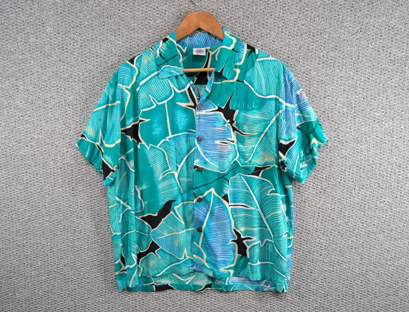 Makai Beach Hawaii Men's Retro Floral Leaf Print Aloha Surf Rayon Button Shirt L