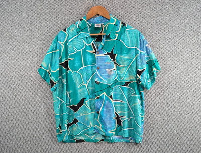 Makai Beach Hawaii Herren Retro Floral Leaf Print Aloha Surf Rayon Button Shirt L