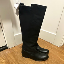 Frye Women’s Black Leather Knee-High Riding Boots Pull-On Round Toe B Logo