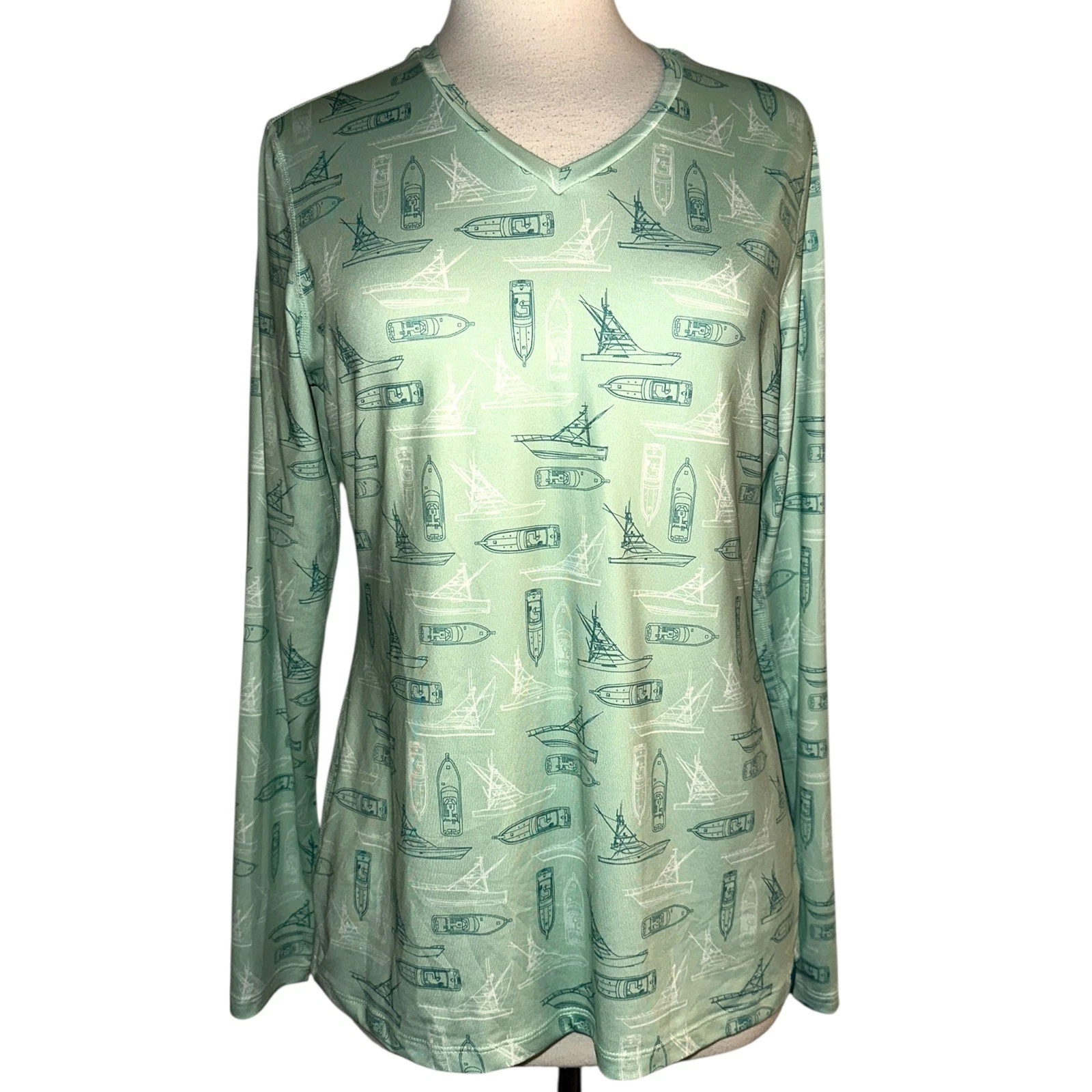 WB4 AFCO Fishing Tackle Sun Shirt Top Boat Print Long Sleeve Activewear Women's