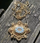 Vintage Blue Milk Glass Art Nouveau Style Necklace Gold Tone