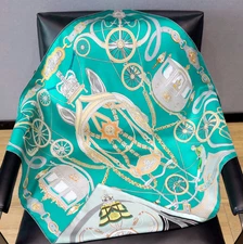 18 Momme Twill Silk Scarf 35'' Square Green mark Print Shawl Neckerchief Wrap 