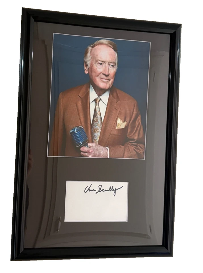 VIN SCULLY - 12x18" Framed Signed Card and 8x10 Photo Dodgers HOF Auto PSA COA - Image 3 of 4