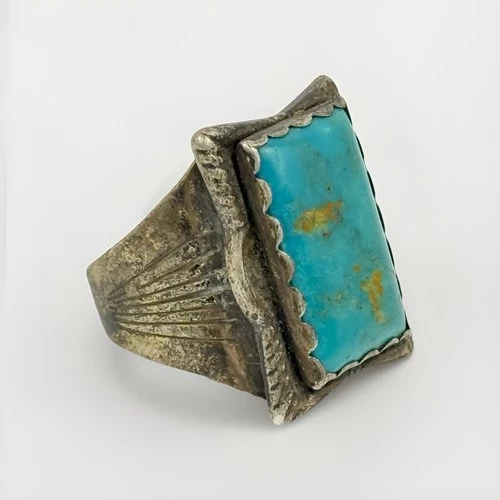 Vtg Men’s Native American 925 Silver Turquoise Sawtooth Ring, Needs Repair, 8.5