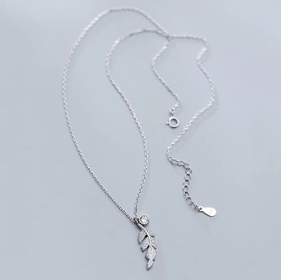 925 Leaf/Feather Angel Memory Pendant Chain Necklace Sterling Silver + Bag UK - Image 2 of 3