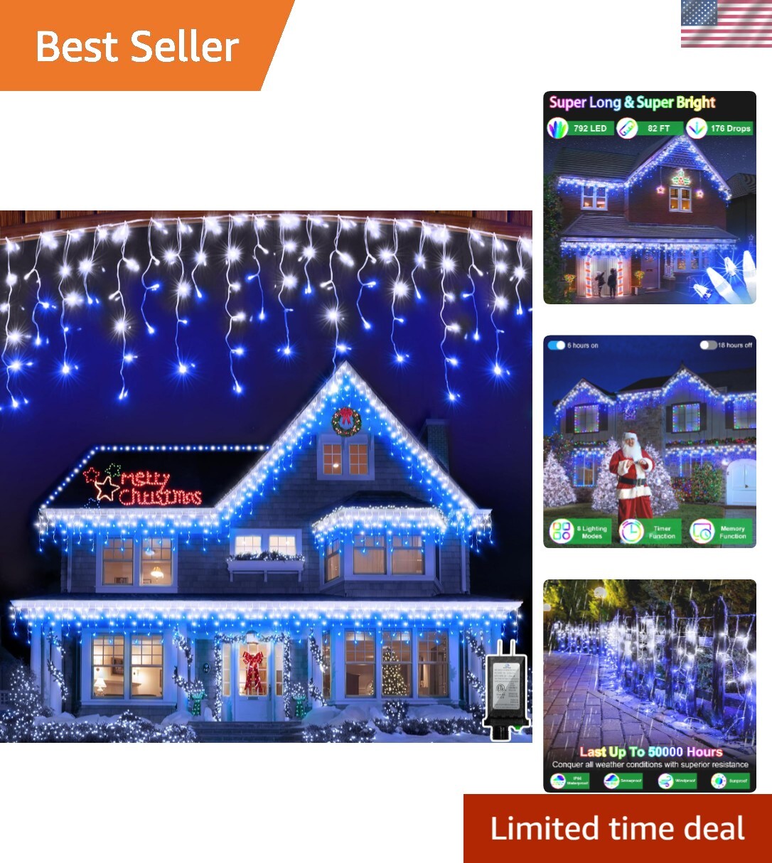 792 LED Christma Lights with 176 Drops, 82ft Outdoor Hanging lights with 8 Mo...