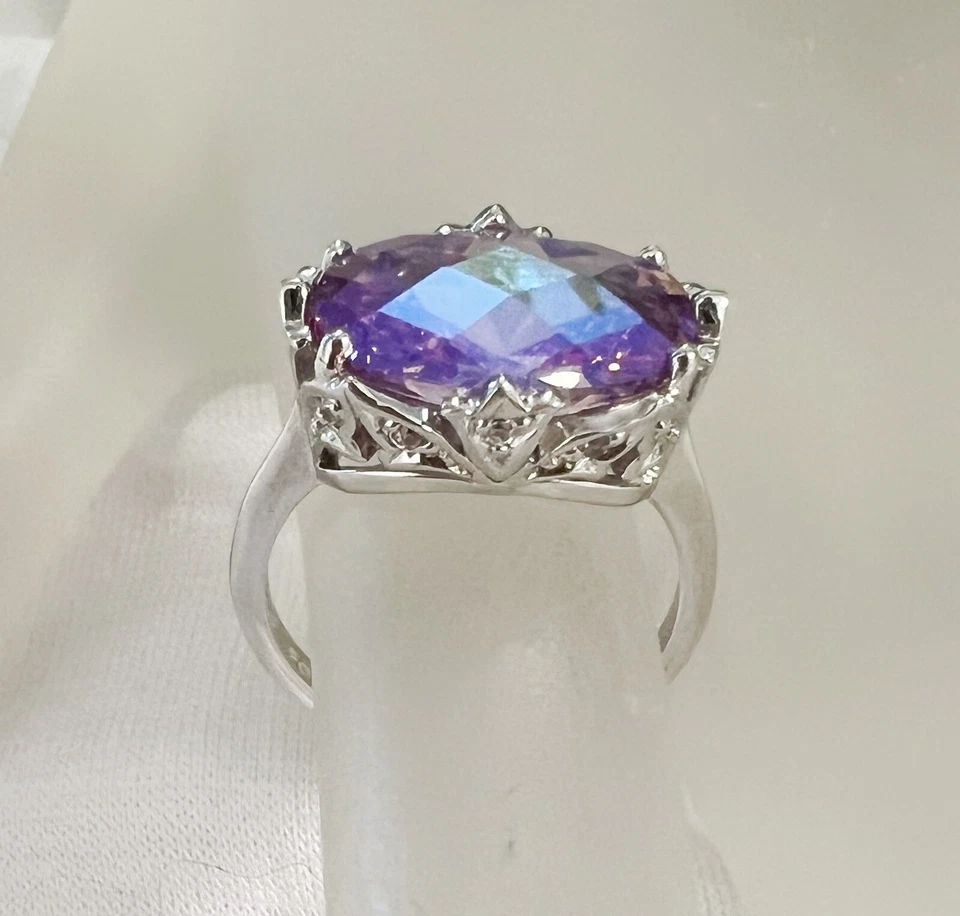 Anillo Kirks Folly Tono Plata Iridiscente Ovalado Corte Tablero Cristal Talla 7 Foto 4 de 4