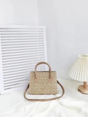 Womens Beige Minimalist Modern Small Straw PU Leather Beach Bag Summer Holiday - Image 1 of 4
