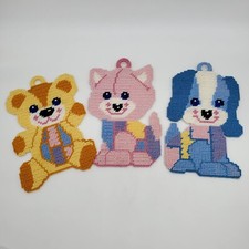 Needlepoint on plastic: Dog Cat Bear Wall Hangings Handmade Baby Child Unisex