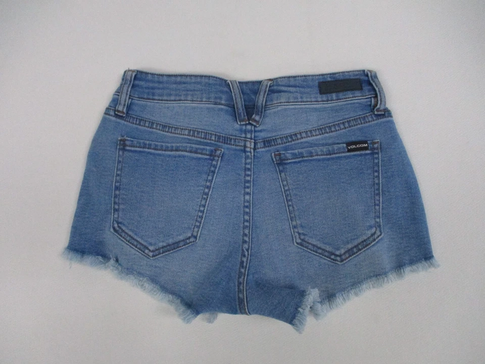 Volcom Shorts Women's Size 25 Blue Denim Stretch Shorts Distressed Mid Rise - Image 2 of 4