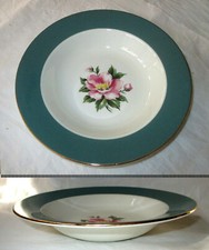 Homer Laughlin 1955 "Empire Green" Borde Sopa Cuenco, Flor Rosa Borde Dorado Cavalier