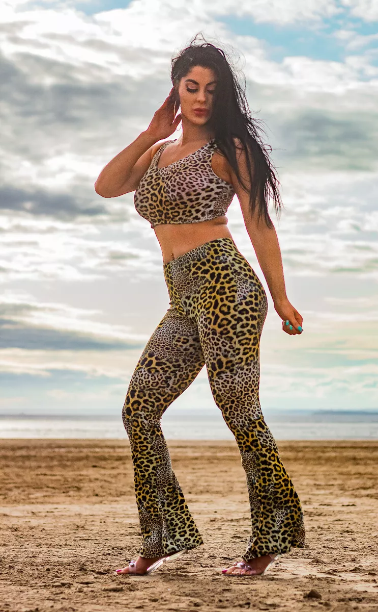 Classic Leopard Cheetah Animal Skin Print Crop Top Flare Leggings Coord Set  2Pc