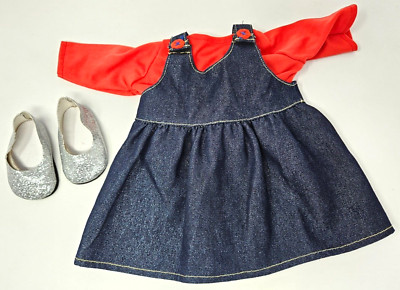 18'' Doll Sparkly Denim Overall Dress & Red Top Glitter Shoes Fits American Girl!