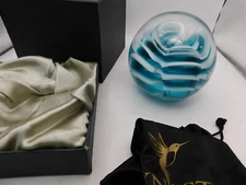 Dynasty Gallery Art Glass Paperweight Crimped Flower Magnum Teal Zebra NIB