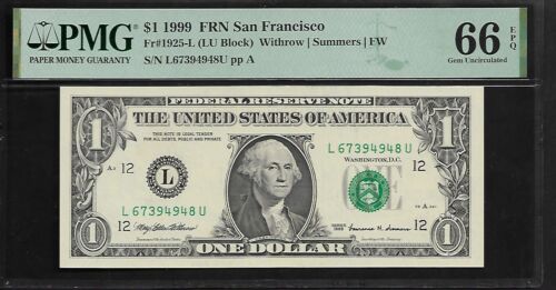 US 1 dollaro 1999 PMG 66 EPQ UNC fr #1925-L FRN San Francisco - Foto 1 di 2