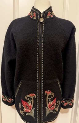Icelandic Design Black Front Zip Embroidered Long Sleeves Jacket  L~Stylish