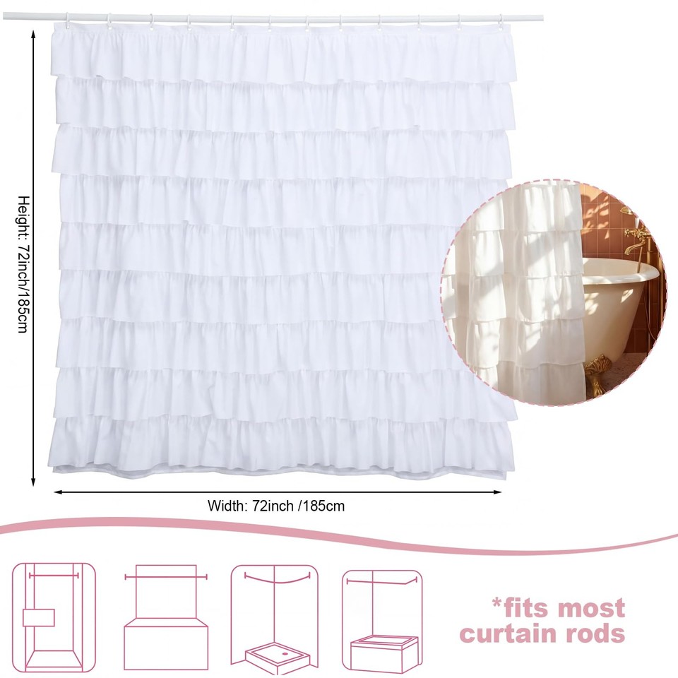 White Dorm Ruffle Shower Curtain 72x72 Inch Cute Ruffled Panel Fabric ...