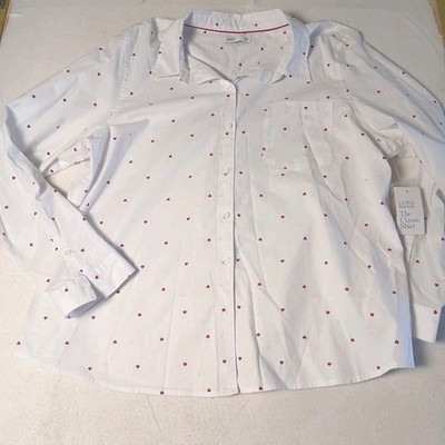 Croft And Barrow The Classic Shirt. LS Roll Tab Womens 2XL White With Hearts NWT