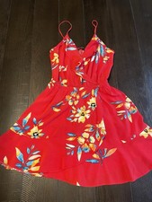 Express Womens Ruffle Faux Wrap Mini Sundress XS Adj Straps Red Tropical Floral