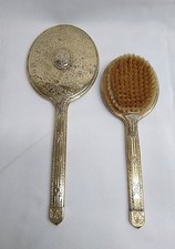 Vintage Vanity Dresser Set Hair Brush Mirror Art Deco Brass Gold Color Victorian