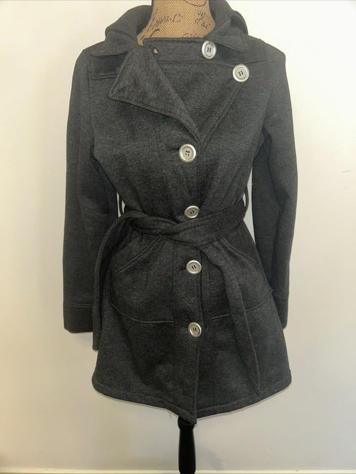 STRIKING Womens Sz 12 Trench Coat Jacket Hood Belt Pockets Buttons Poly/cotton
