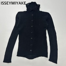 ISSEY MIYAKE Pleated Waffle Cardigan High Neck Black M F/S from Japan