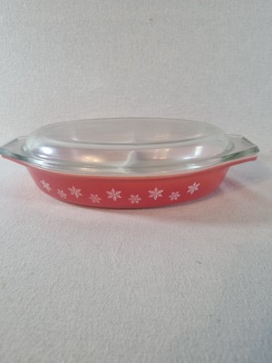 Vintage JAJ Pyrex Rot Koralle Schneeflocke Geteilt Auflaufform Glasdeckel 2179