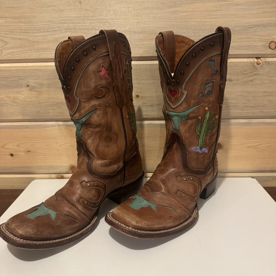 DAN POST Women’s Western Dream Boots Silk 9 Brown W Inlaid Designs Square Toe - Image 2 of 4