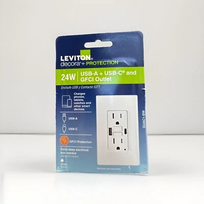 LEVITON GUAC1-BW DECORA TYPE USB-A & USB-C GFCI COMBINATION 24W OUTLET WHITE NEW