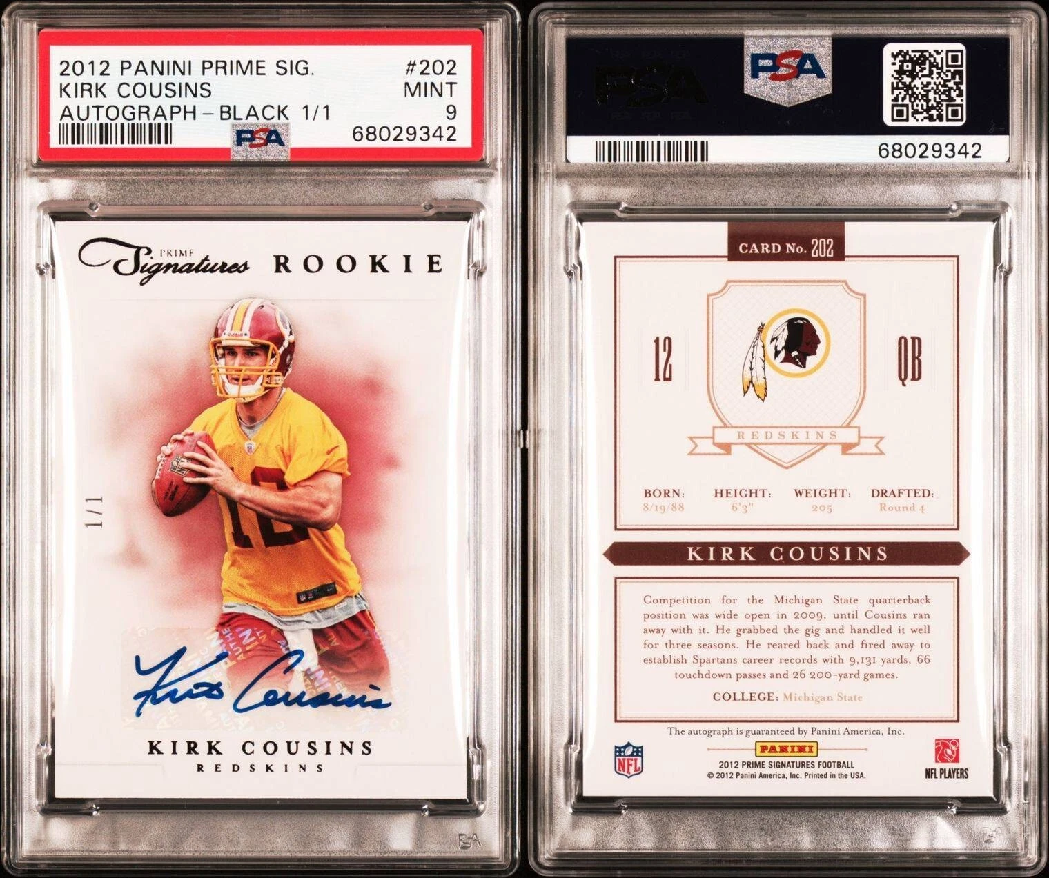 Kirk Cousins Panini Prime Signatures #202 Autograph-Black 1/1