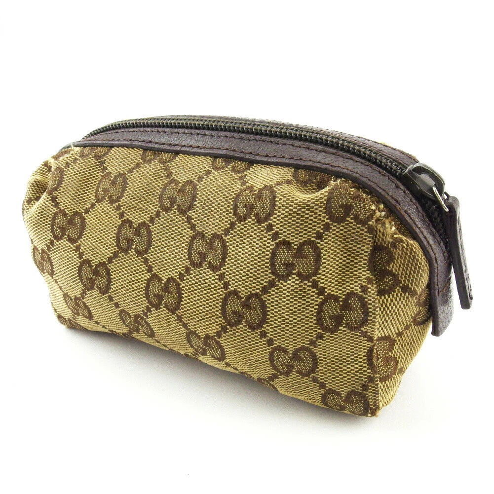 GUCCI Pouch GG Canvas Beige Canvas ?~ Leather Authentic Used L3348