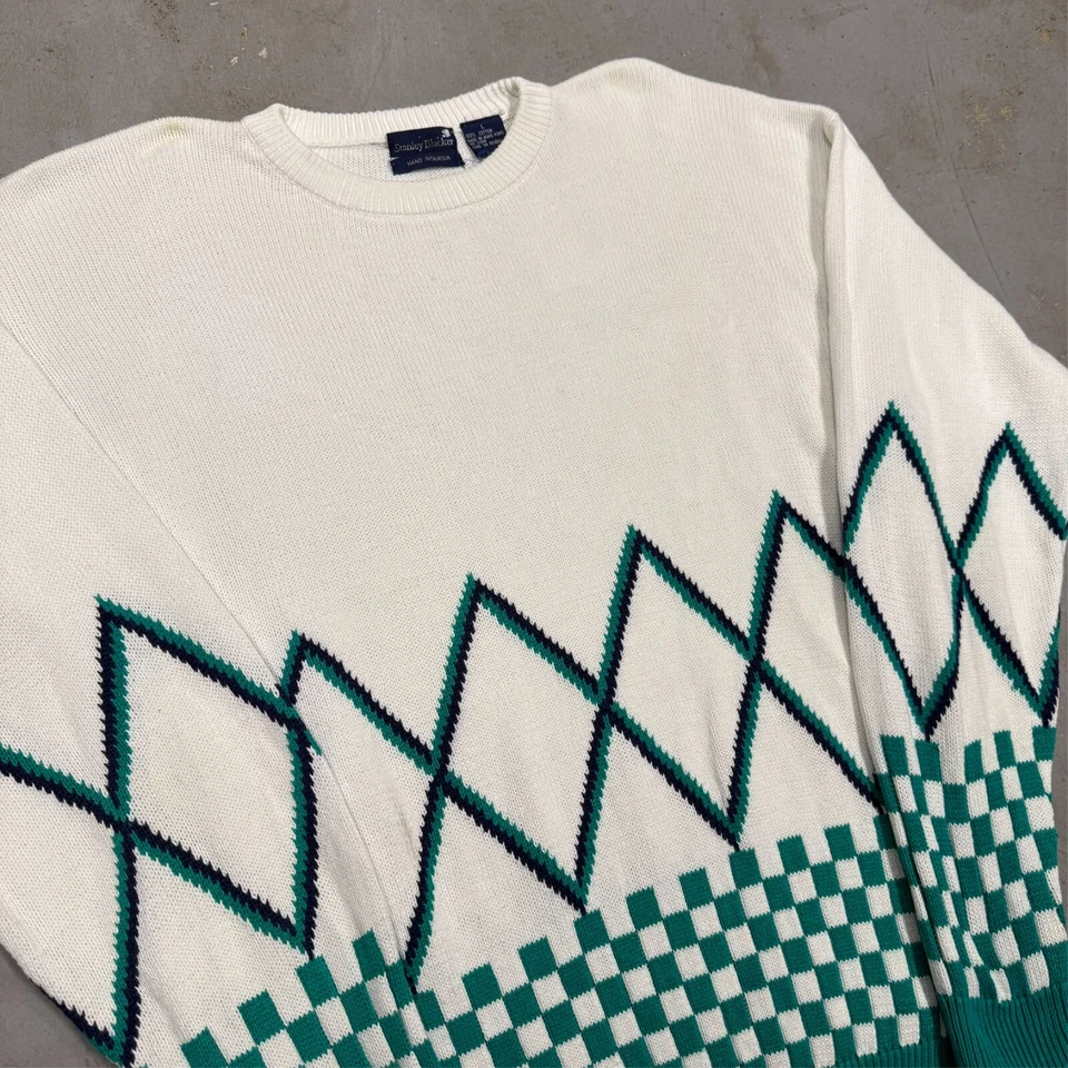 Vintage Stanley Blacker Hand Intarsia Knit Sweater Checker White Cotton Large - Image 2 of 4