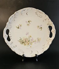 Vintage Unbranded Cake Plate Serving Dish w/Handles Yellow Peach Lilac Flowers