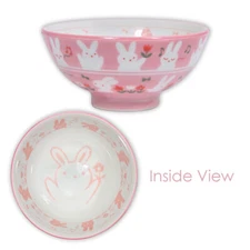 SET of 2 Japanese Children Rice Bowls 4.25"D Porcelain Rabbit Pink Made in Japan