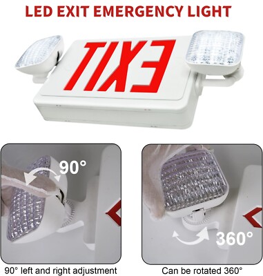 LED Exit with Emergency Lights with Two Adjustable Heads, Red Letters,120-277VAC
