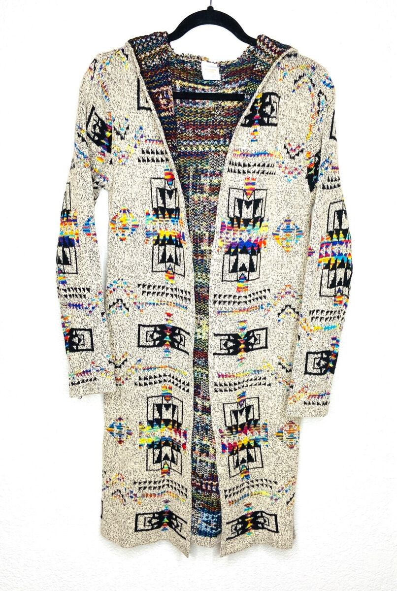 NORTHERN ANGEL Colorful Aztec Knit Long Line Hooded Cardigan NORTHERN ANGEL Colorful Aztec Knit Long Line Hooded Cardigan