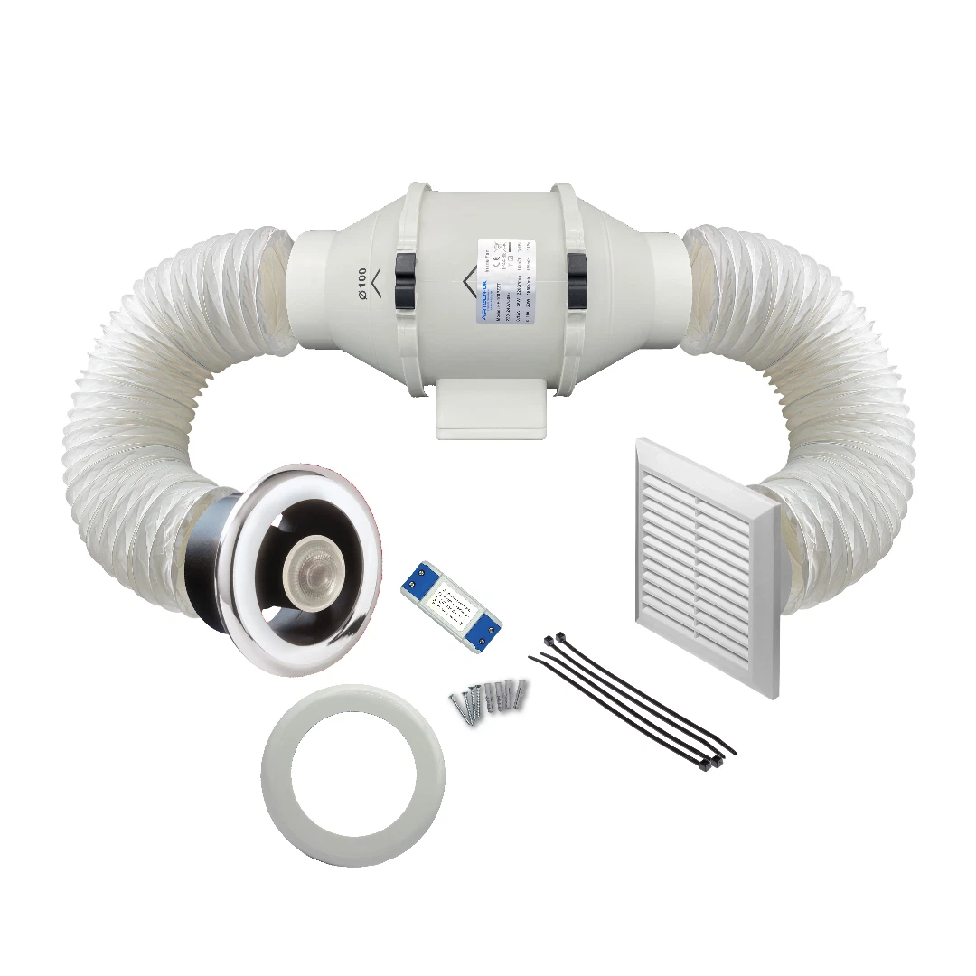 AirTech Powerful Inline Bathroom Shower Fan Kit 100mm with Timer & 3W LED Light