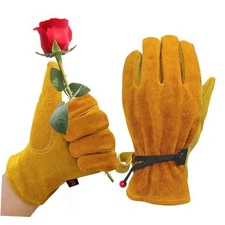 Leather Work Gloves for Men Women with Cotton Lining Thorn Proof Large Yellow