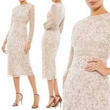 Mac Duggal Beaded Illusion Sleeve Floral Porcelain Dress Size 6 Midi 10812 NWT