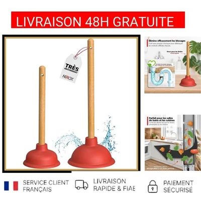 Déboucheur Ventouse WC Évier Puissant Lot 2 Nirox 110/140mm Poignées Bois - Photo 1/4