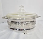 Vintage Pyrex Clear Casserole Dish In Silver Plated Footed Stand With Lid 1930s