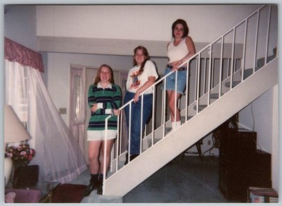 Vtg Color Snapshot Three Young Women Posing On Indoor Staircase 90s Style 1990s